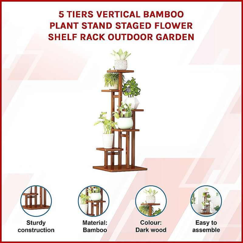 5-Tier Vertical Bamboo Plant Stand – Outdoor Garden Flower Shelf