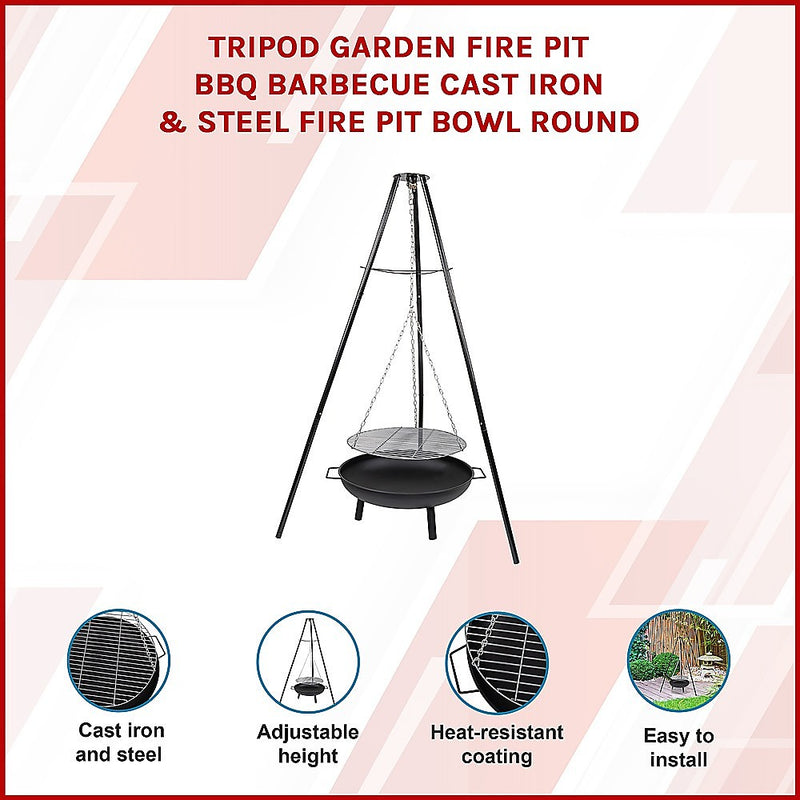 Tripod Garden Fire Pit & BBQ – Cast Iron and Steel