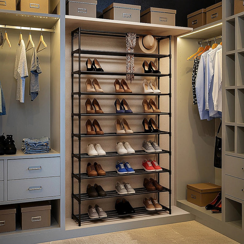 10-Tier Metal Shoe Rack – Black (50 Pair)