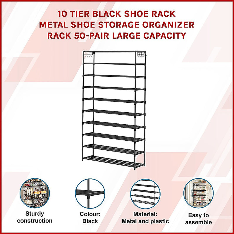 10-Tier Metal Shoe Rack – Black (50 Pair)