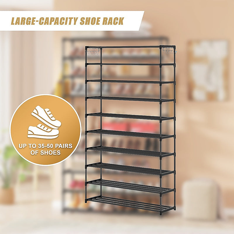 10-Tier Metal Shoe Rack – Black (50 Pair)