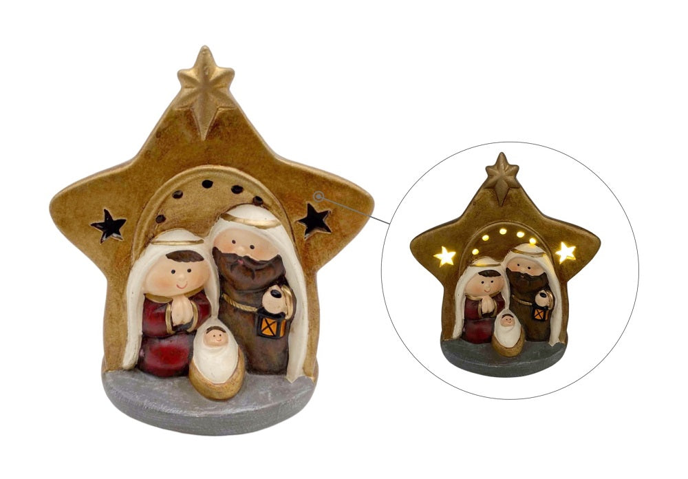 Bulk 12 Xmas Ceramic Nativity W/Star & Led Lights 13cm