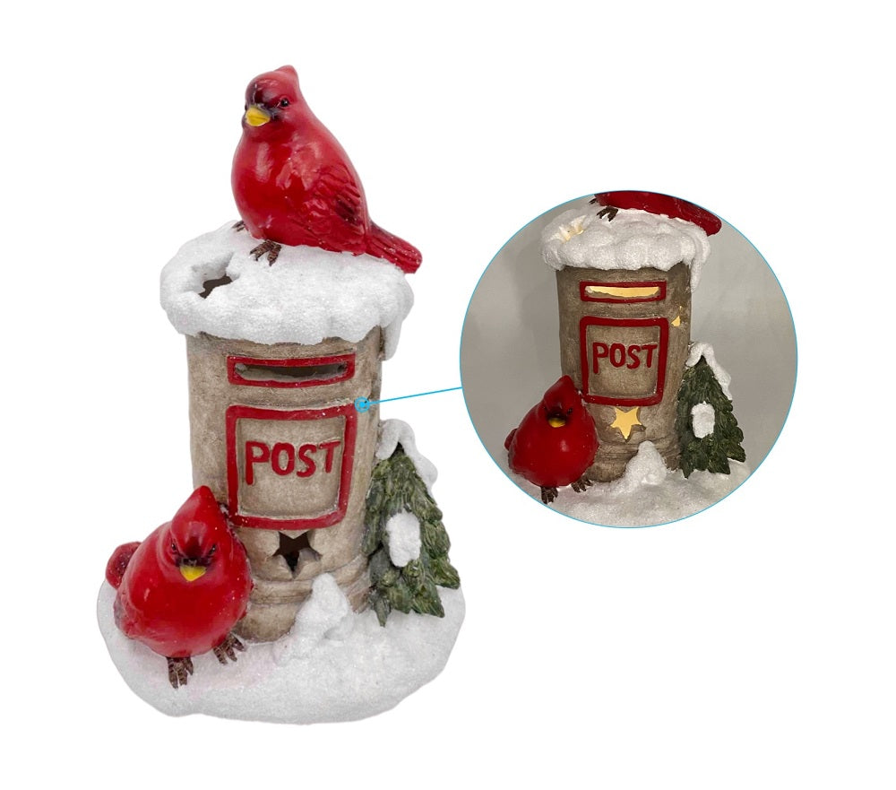 Bulk 2 Xmas Red Bird On Mailbox W/Led Light 34cm