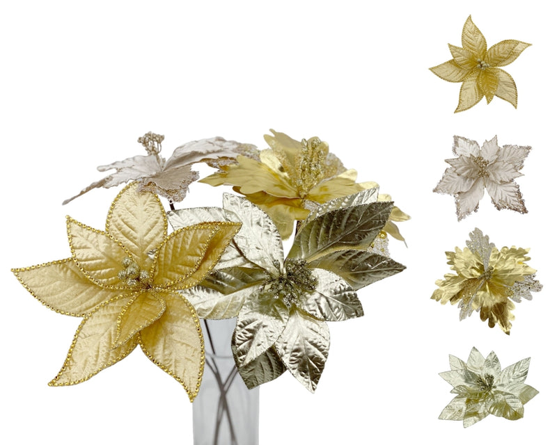 bulk 24 Xmas Glam Poinsettia Stem Flower Assort 60cm