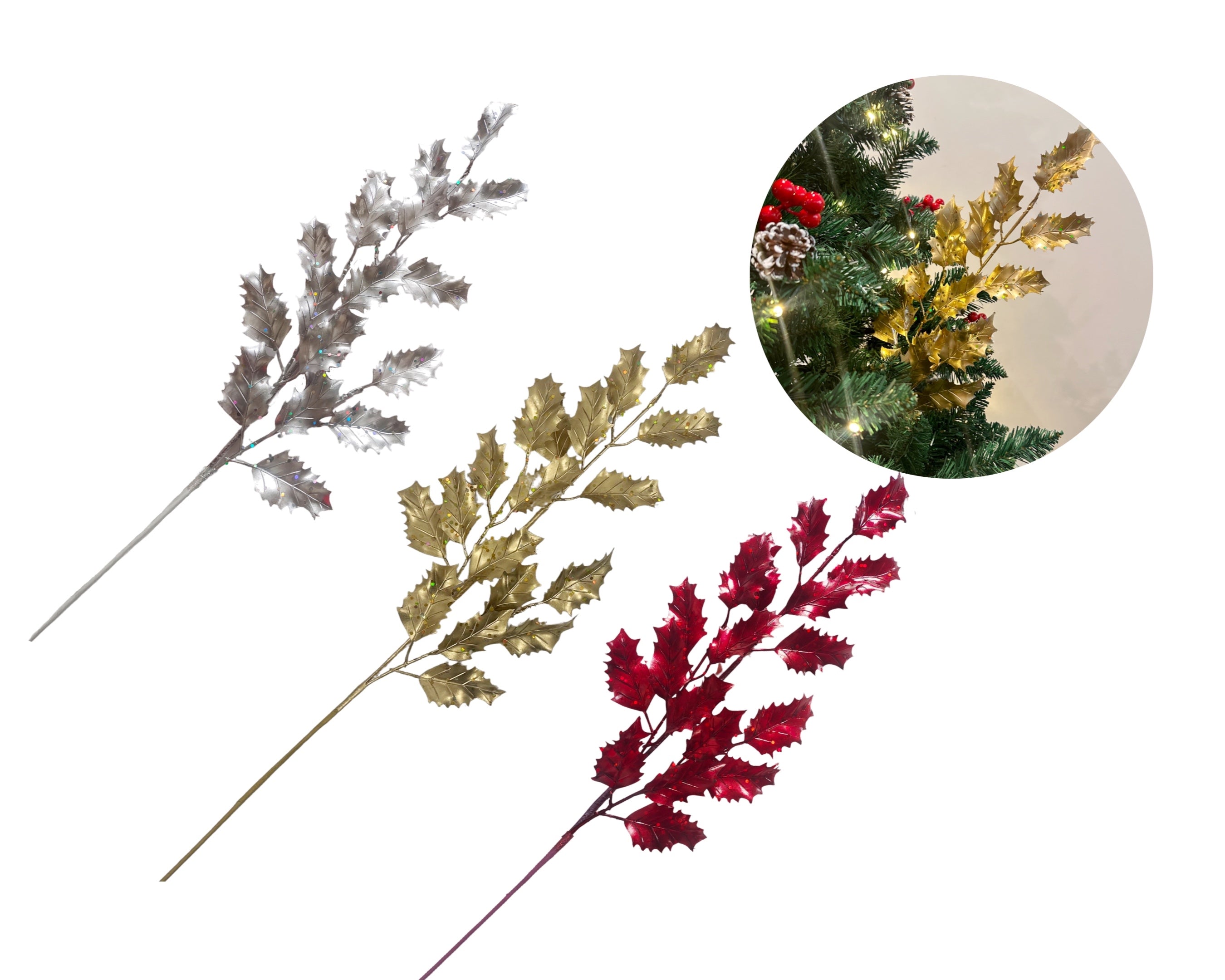 Bulk 24 Xmas Metallic Leaves decor Assort 68cm