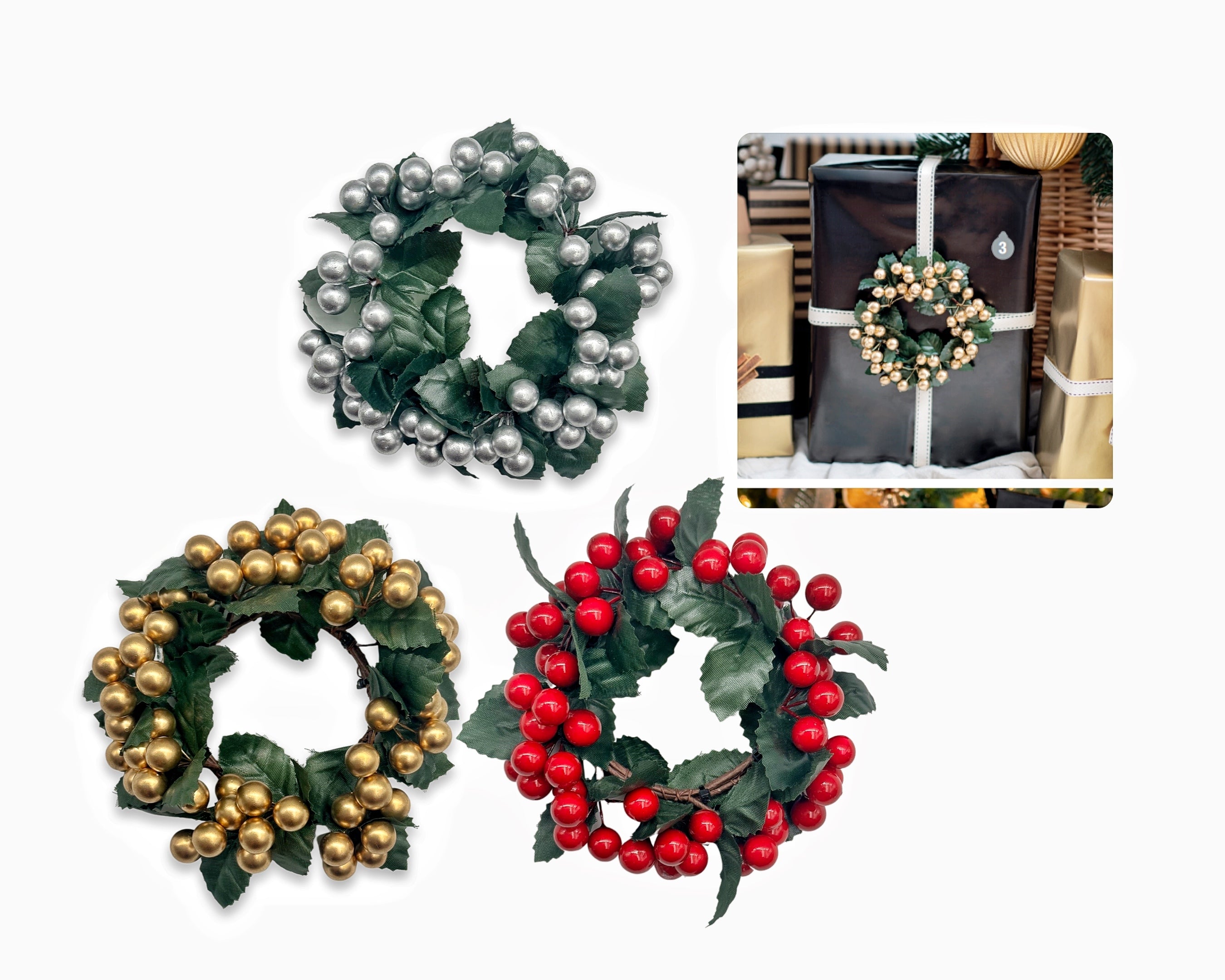 Bulk 24 Xmas Berry Wreath Assort 12cm