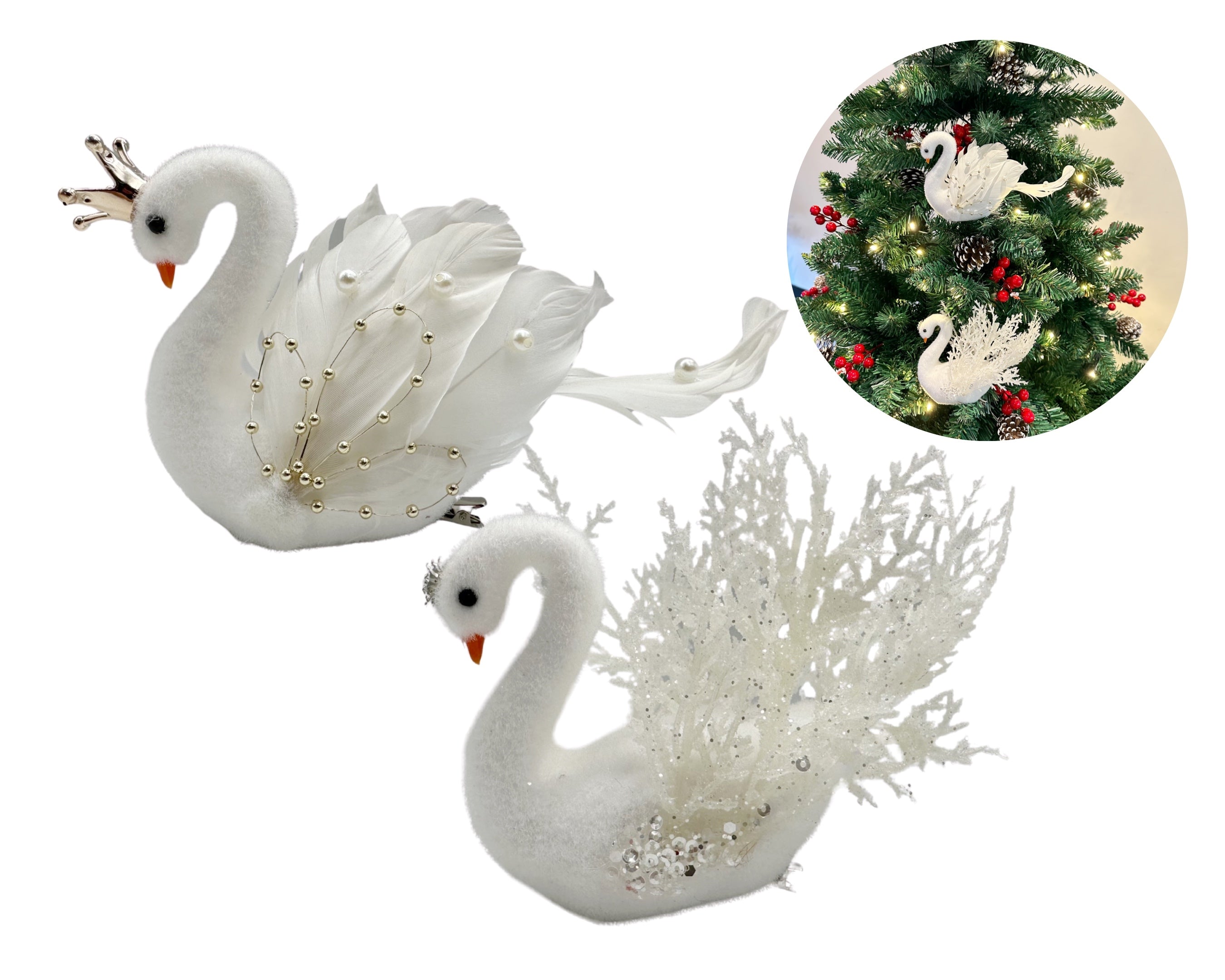Bulk 24 Xmas Flocking Swan w Clip Assort 15cm