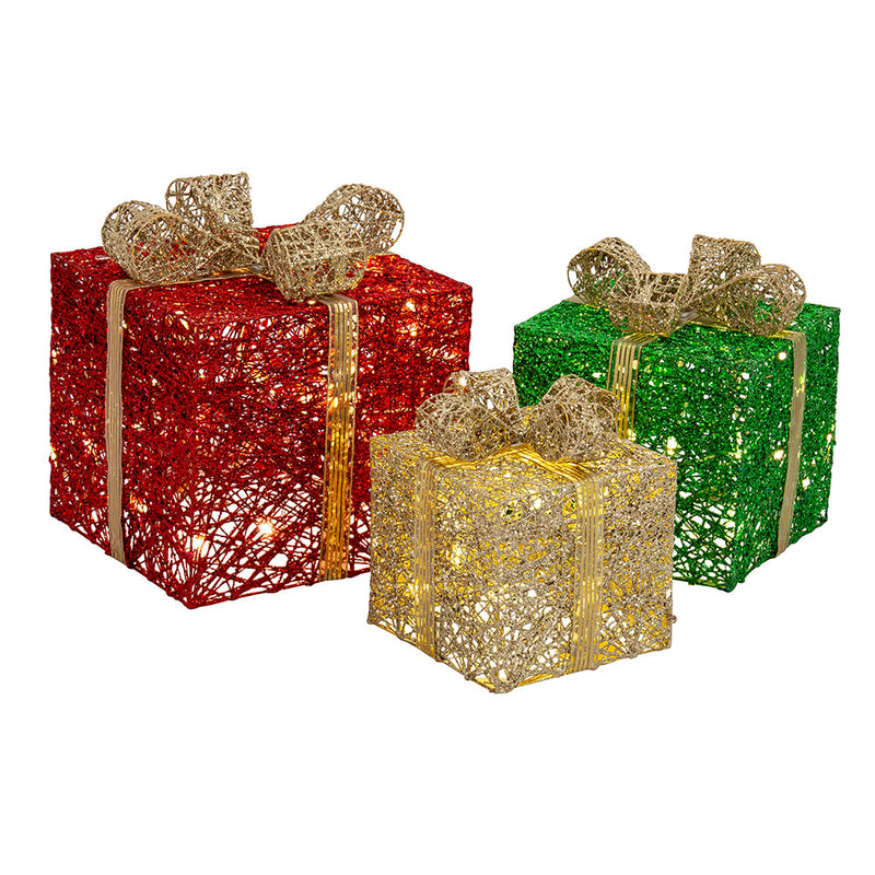 LED Glitter Gift Boxes 3-Piece – Gold Bow Twinkle