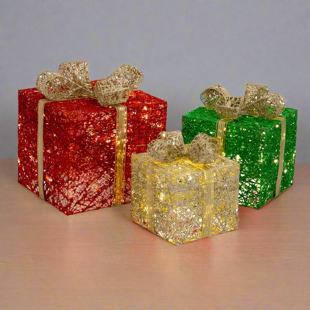 LED Glitter Gift Boxes 3-Piece – Gold Bow Twinkle