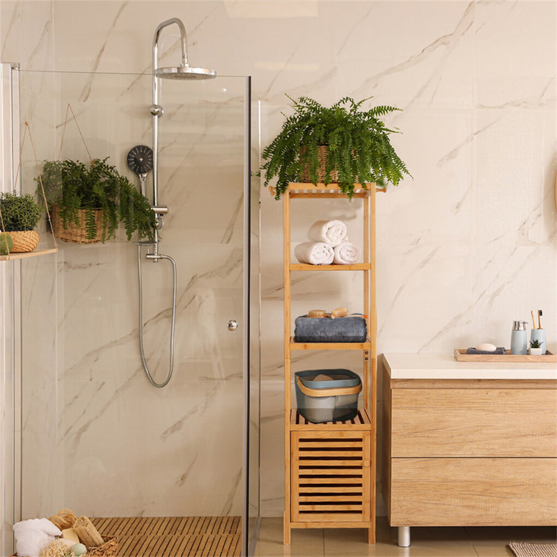 Bamboo Storage Cabinet with Shelf & Hook – Bathroom Floor Cupboard
