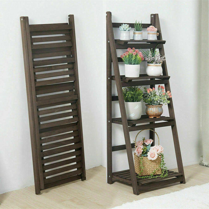 Retro 4-Tier Wooden Ladder Bookcase – Folding Bookshelf Plant Stand