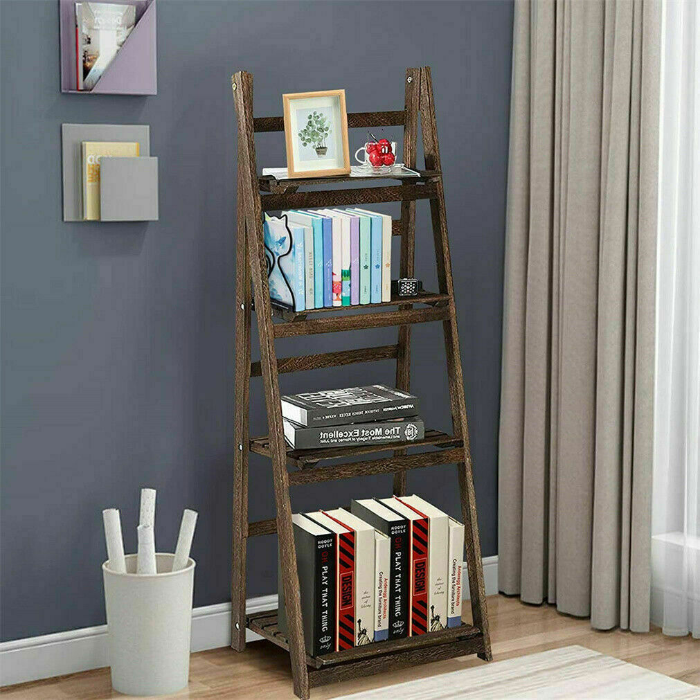 Retro 4-Tier Wooden Ladder Bookcase – Folding Bookshelf Plant Stand