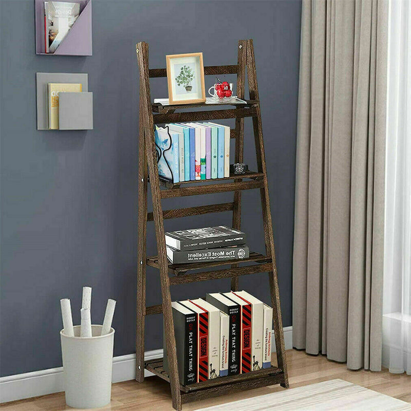 Retro 4-Tier Wooden Ladder Bookcase – Folding Bookshelf Plant Stand