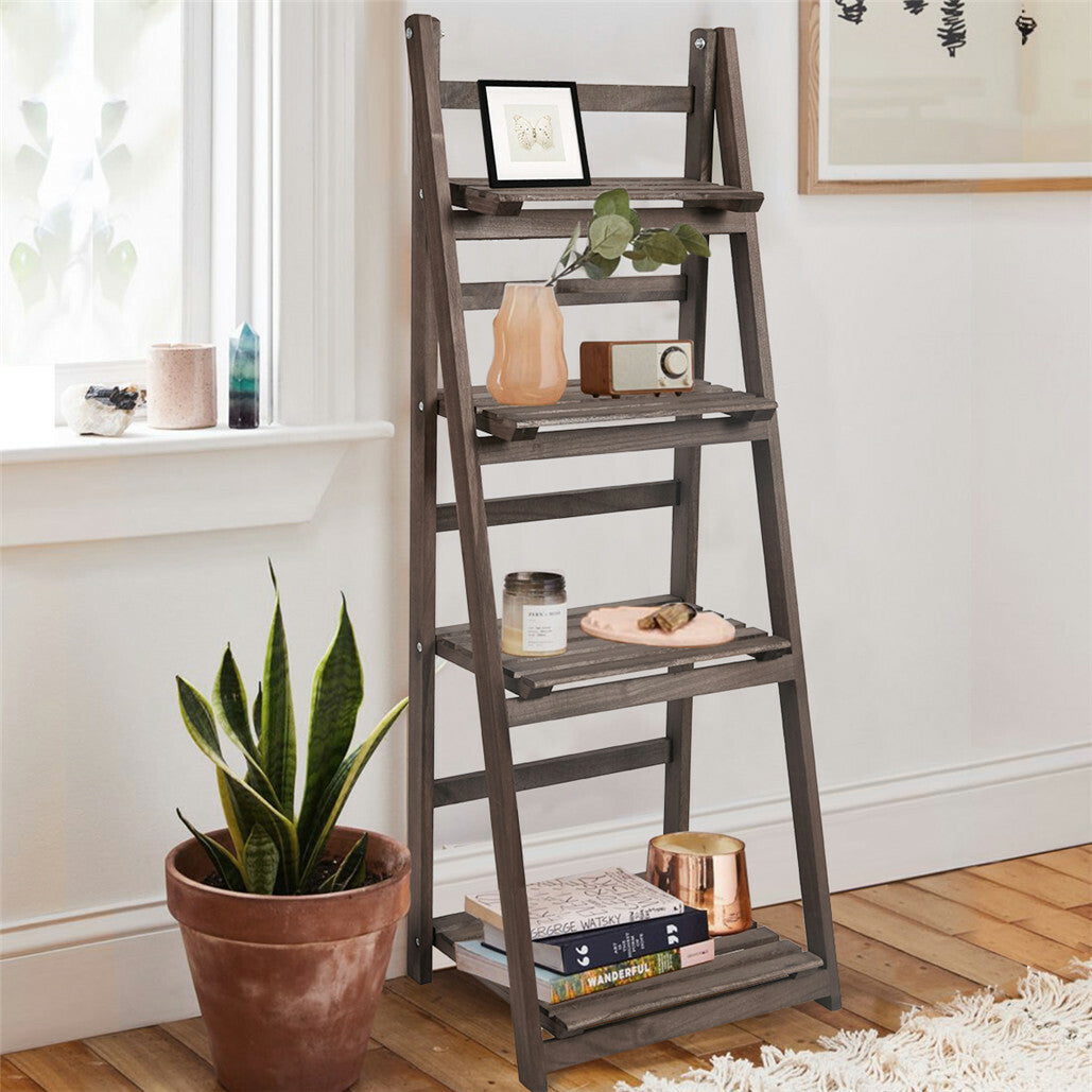 Retro 4-Tier Wooden Ladder Bookcase – Folding Bookshelf Plant Stand