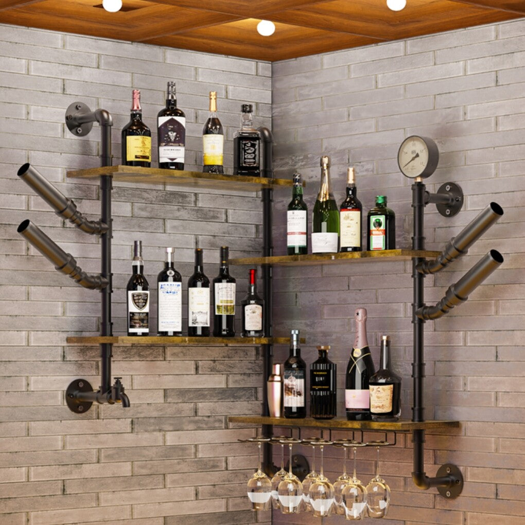 Industrial Pipe Wall Bar Shelf – Floating Liquor & Wine Glass Rack