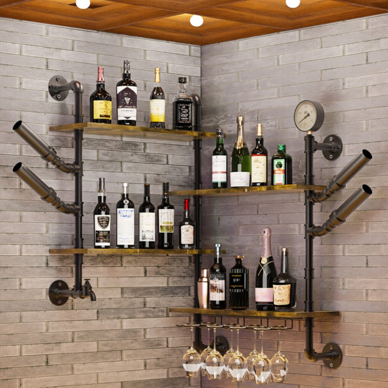Industrial Pipe Wall Bar Shelf – Floating Liquor & Wine Glass Rack