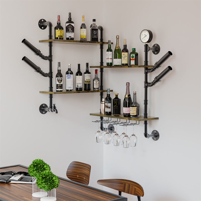 Industrial Pipe Wall Bar Shelf – Floating Liquor & Wine Glass Rack