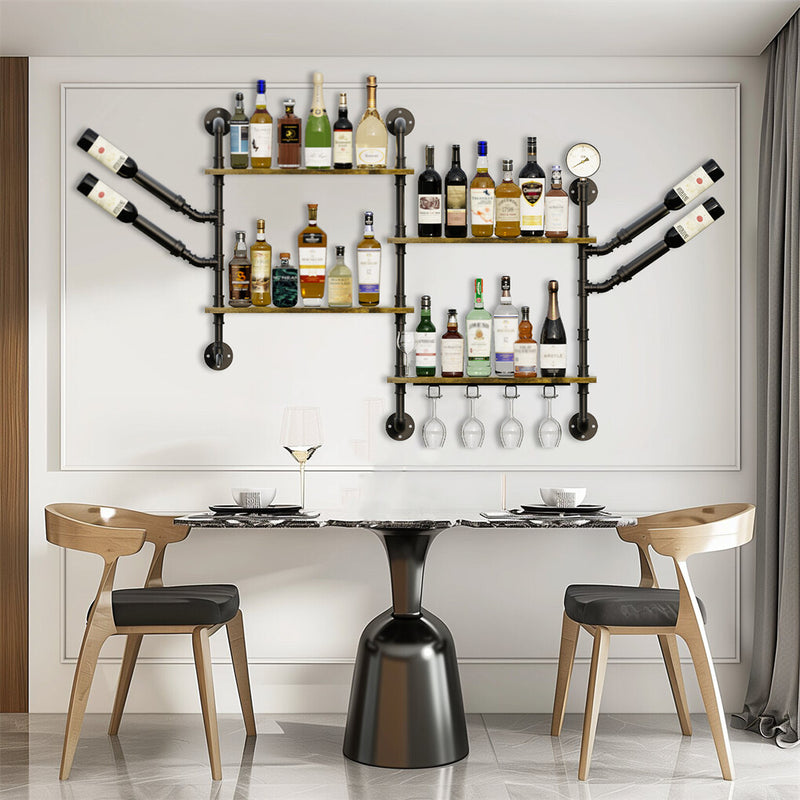Industrial Pipe Wall Bar Shelf – Floating Liquor & Wine Glass Rack
