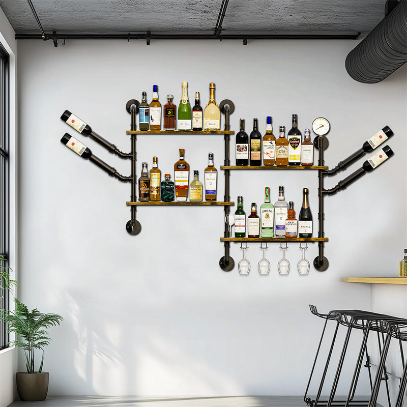 Industrial Pipe Wall Bar Shelf – Floating Liquor & Wine Glass Rack