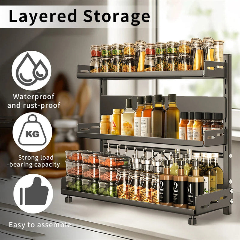 3-Tier Large Kitchen Spice Rack – Adjustable Anti-Rust Storage Shelf