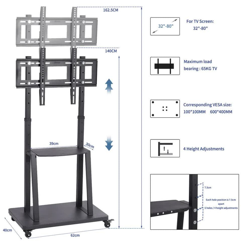 Rolling TV Floor Mount Stand 32"–80" – Mobile Bracket VESA 600×400 65kg