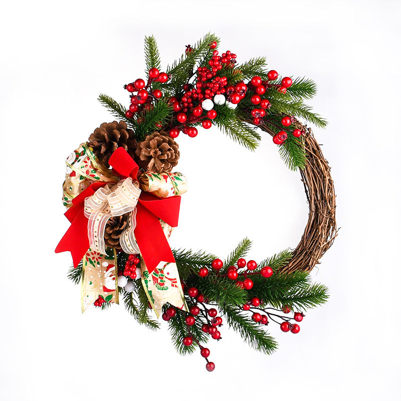 Christmas Wreath with Pine Cones, Red Berries, and Festive Bow