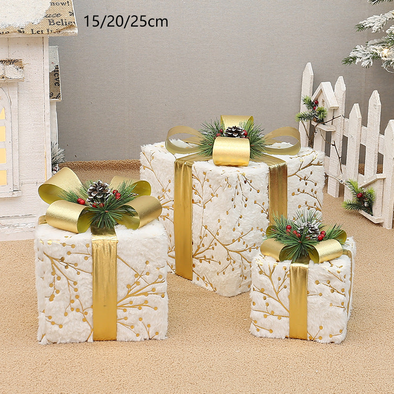 Set of 3 Elegant Christmas Gift Boxes with Gold Ribbon & Pine Accents,without lights
