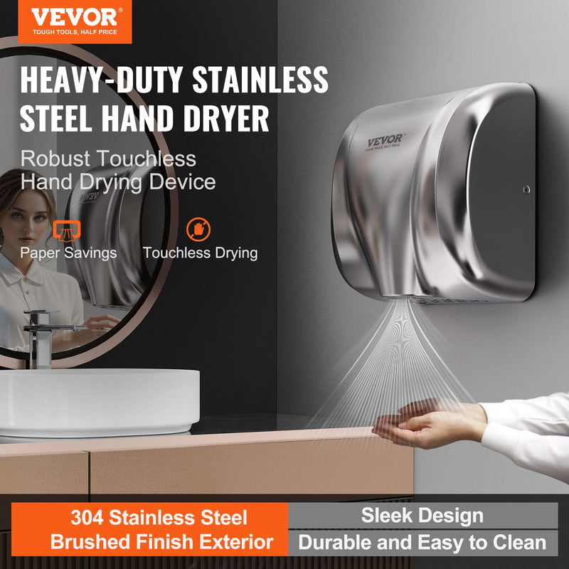 VEVOR 1800W Commercial Automatic Hand Dryer Stainless Steel High Speed