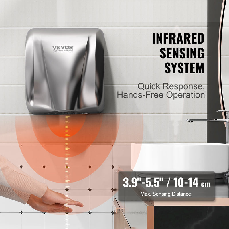 VEVOR 1800W Commercial Automatic Hand Dryer Stainless Steel High Speed