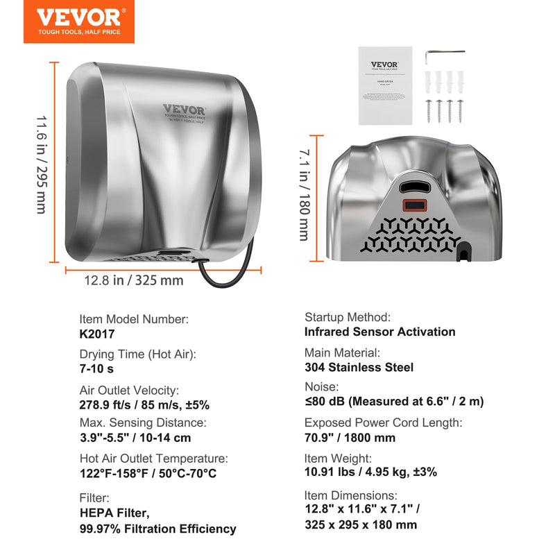 VEVOR 1800W Commercial Automatic Hand Dryer Stainless Steel High Speed