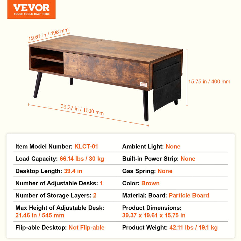 Lift Top Coffee Table 39.4 in Rectangle Brown