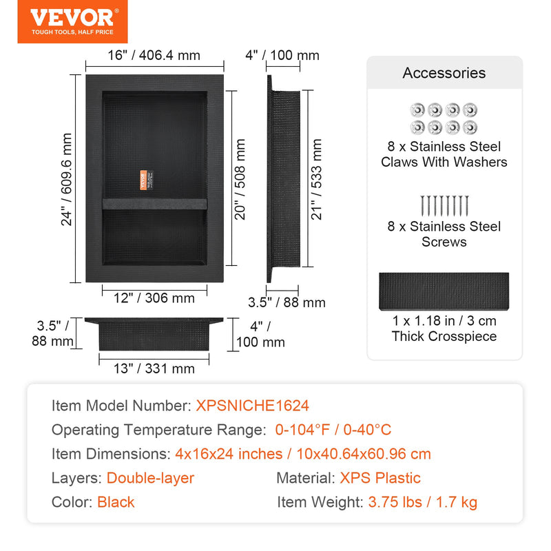 Shower Niche 40.6x61cm Ready for Tile Double Shelf, Black