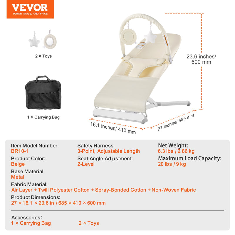 Baby Folding Bouncer Seat with Toy Bar – 0-9 Months