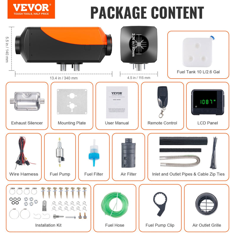 VEVOR 12V 2KW Diesel Air Heater – Remote Control with LCD Display & 10L Fuel Tank