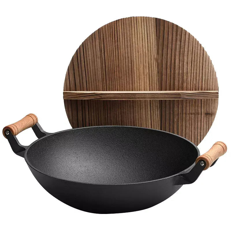 36cm Cast Iron Stir Fry Wok – Wooden Handle