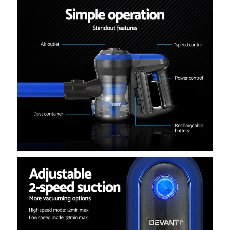 Devanti 250W Cordless Stick Vacuum Cleaner – Blue