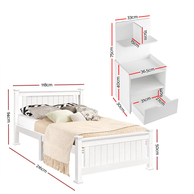 King Single Bed Frame and Bedside Table White