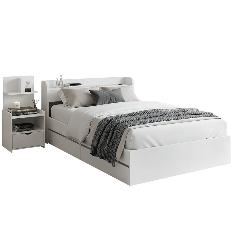 Single Bed Frame with Charging Ports and Bedside Table