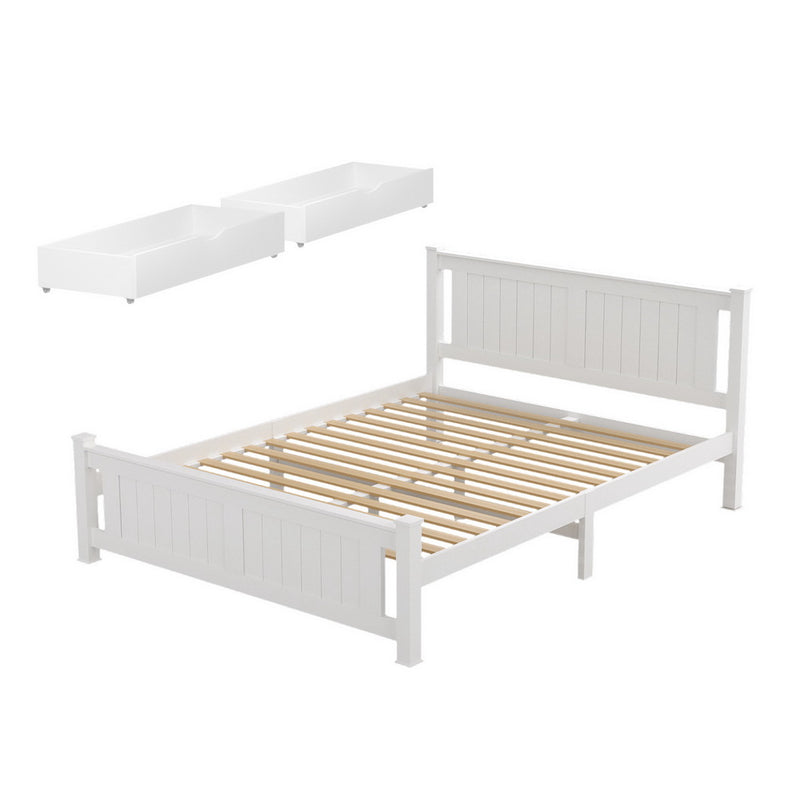 Double Bed Frame Wooden Platform w/ 2 Drawers – White RIO