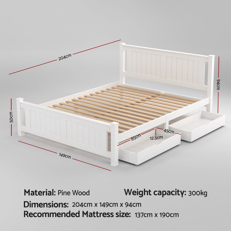 Double Bed Frame Wooden Platform w/ 2 Drawers – White RIO