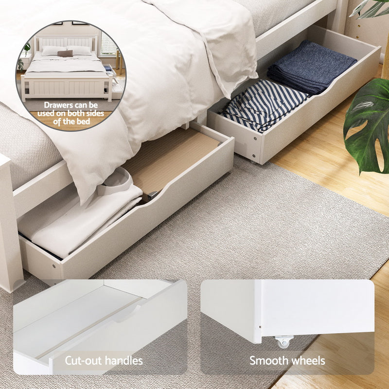 Double Bed Frame Wooden Platform w/ 2 Drawers – White RIO