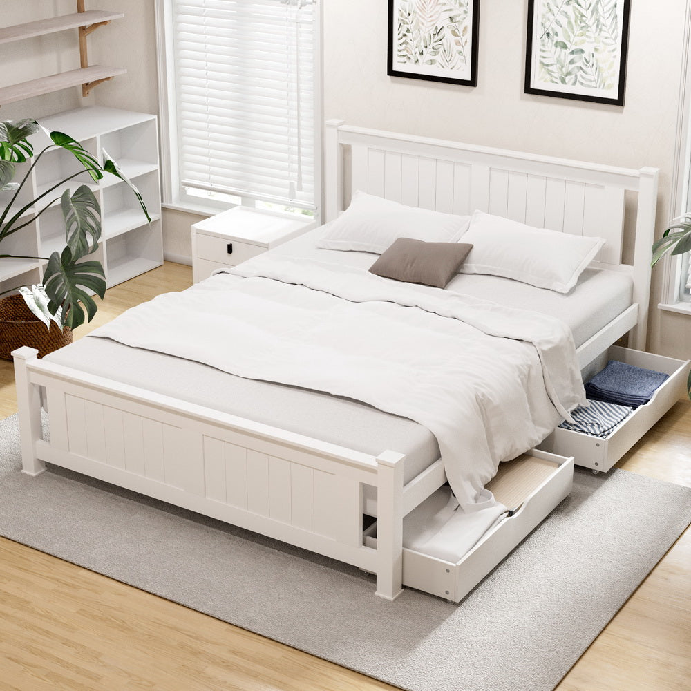 Double Bed Frame Wooden Platform w/ 2 Drawers – White RIO