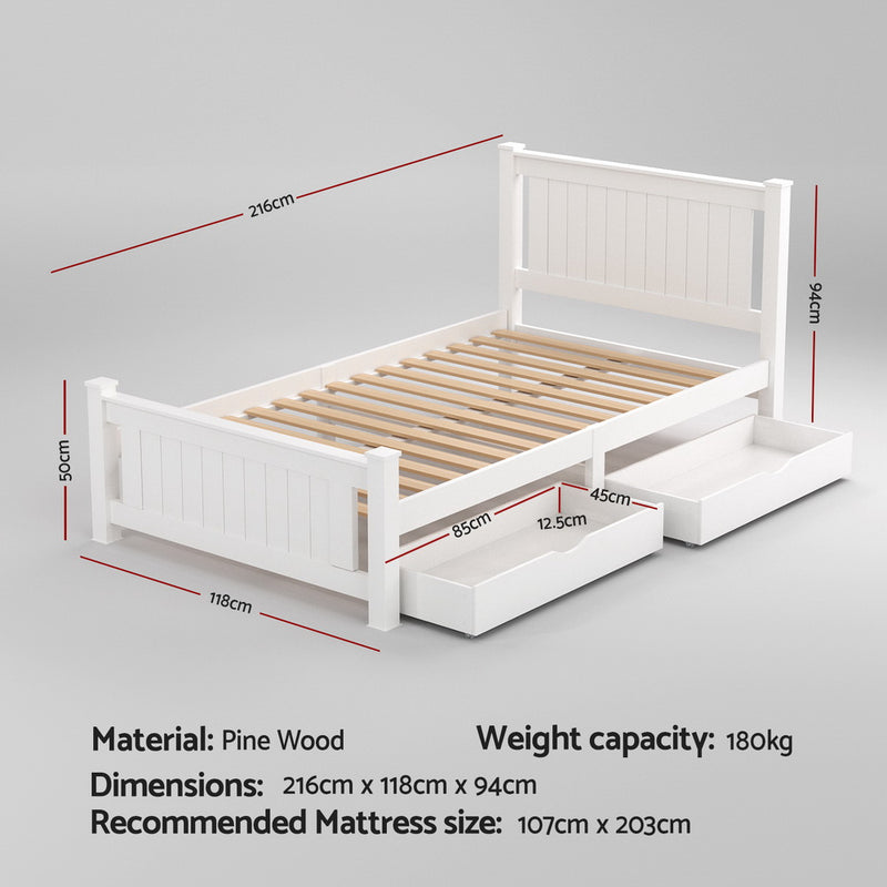King Single Platform Bed w/ 2 Drawers – White RIO