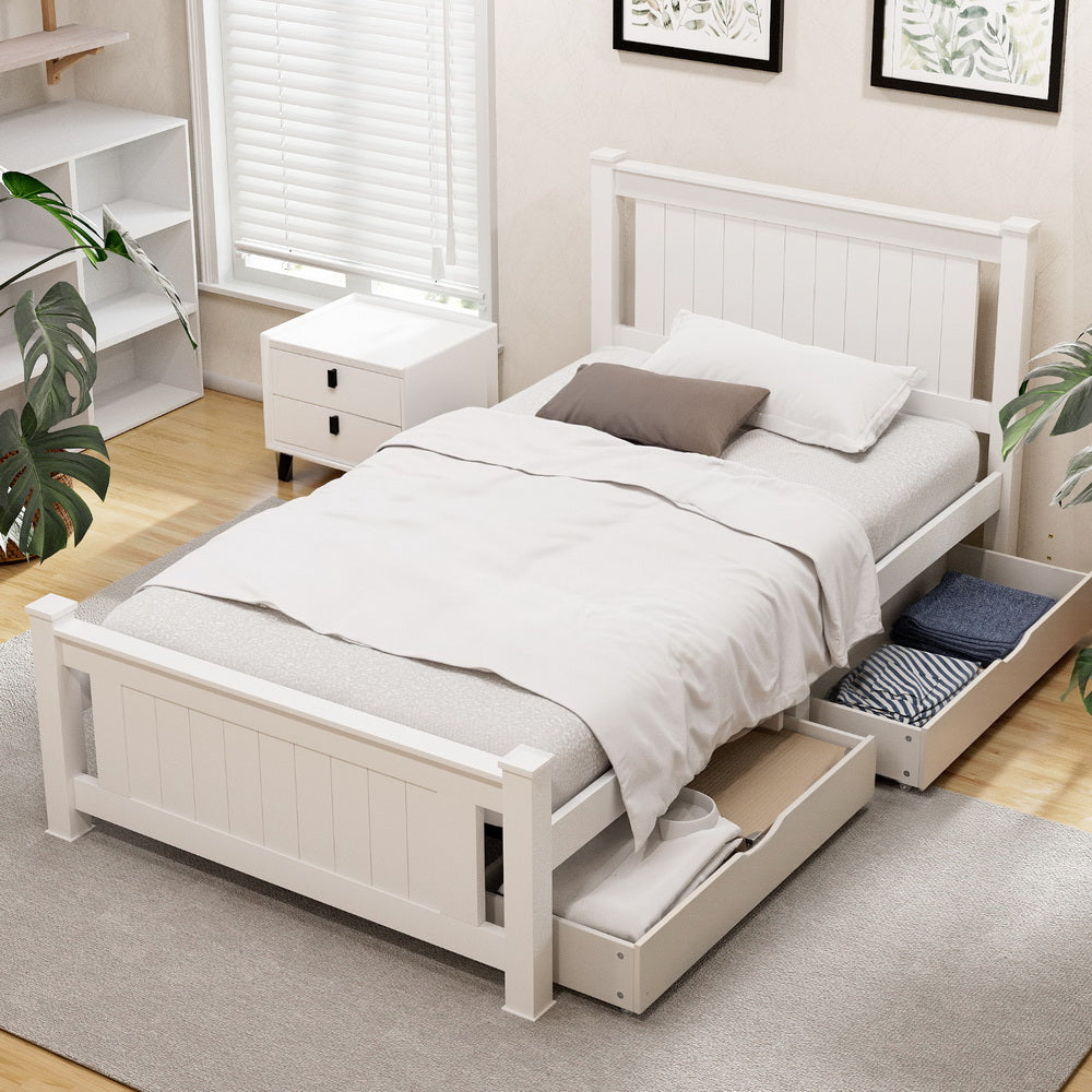 King Single Platform Bed w/ 2 Drawers – White RIO