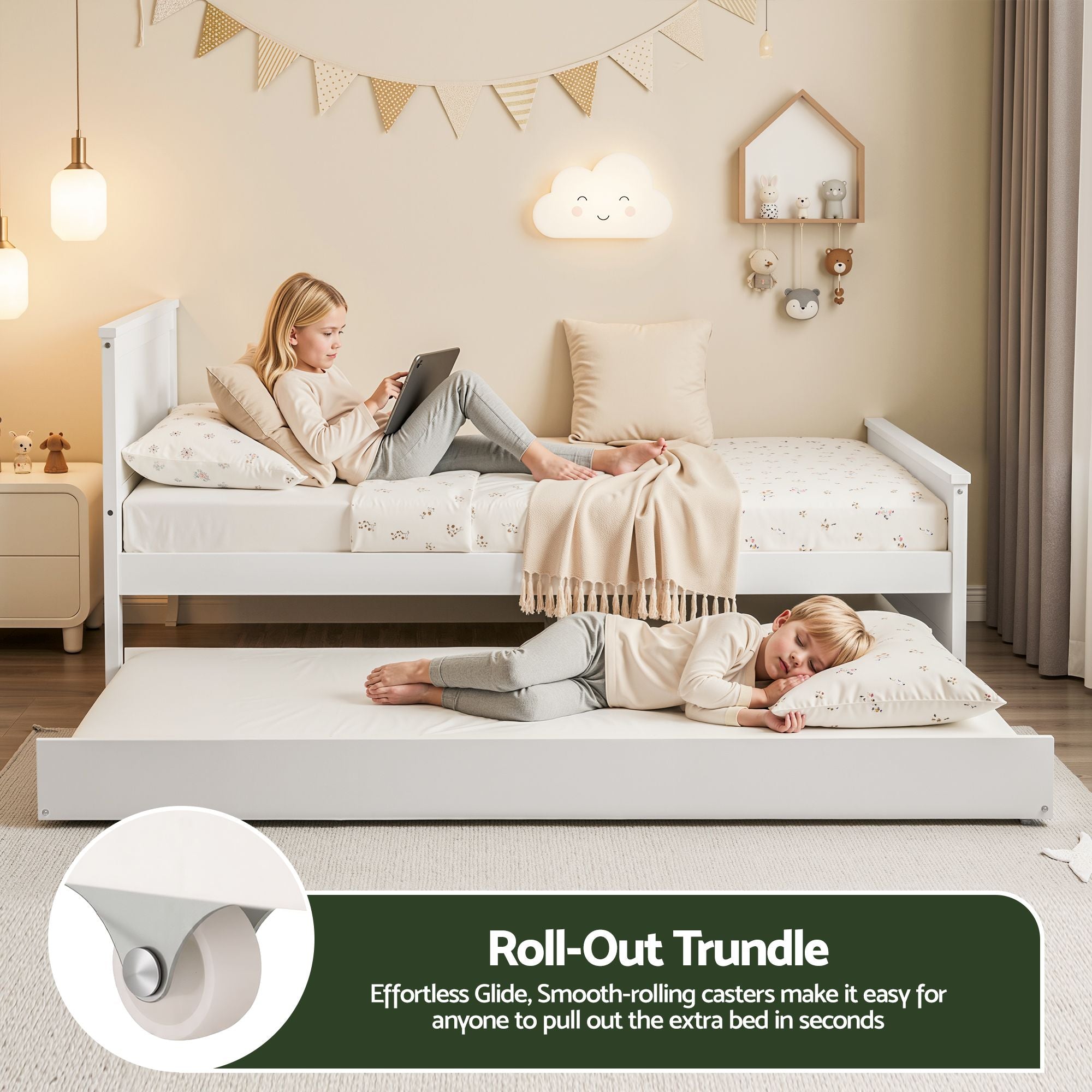Artiss Single Bed with Trundle White