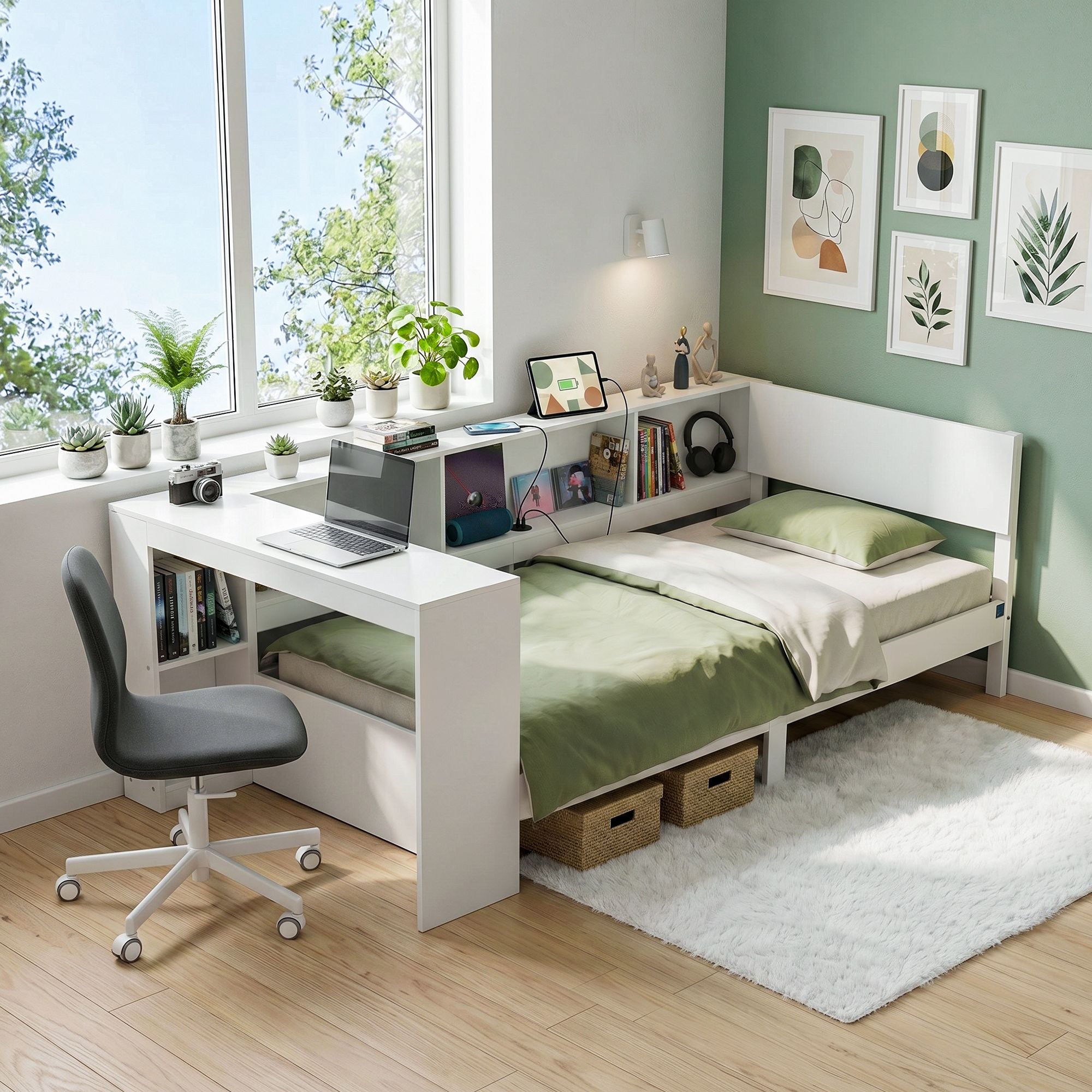 Artiss Single Corner Bed Frame with Desk, Shelves & USB-C Charging