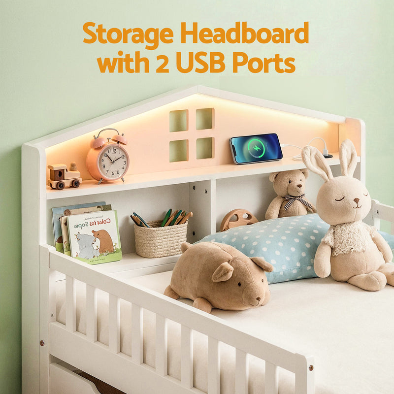 Artiss Single Montessori Bed Frame w/ Storage, USB & LED – White