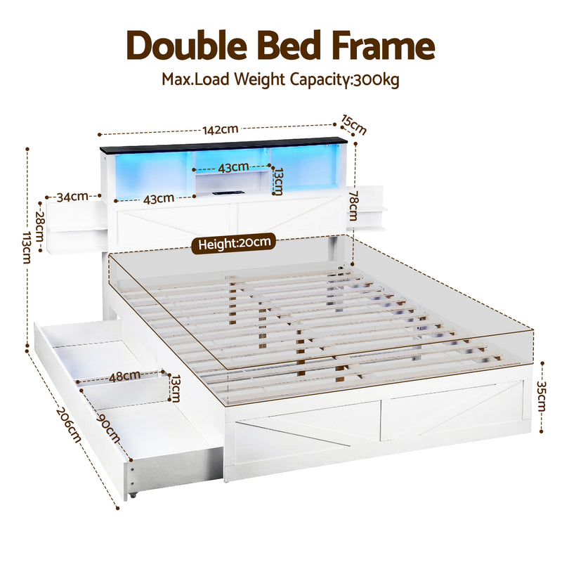 Artiss Double Bed Frame with Storage Drawers White