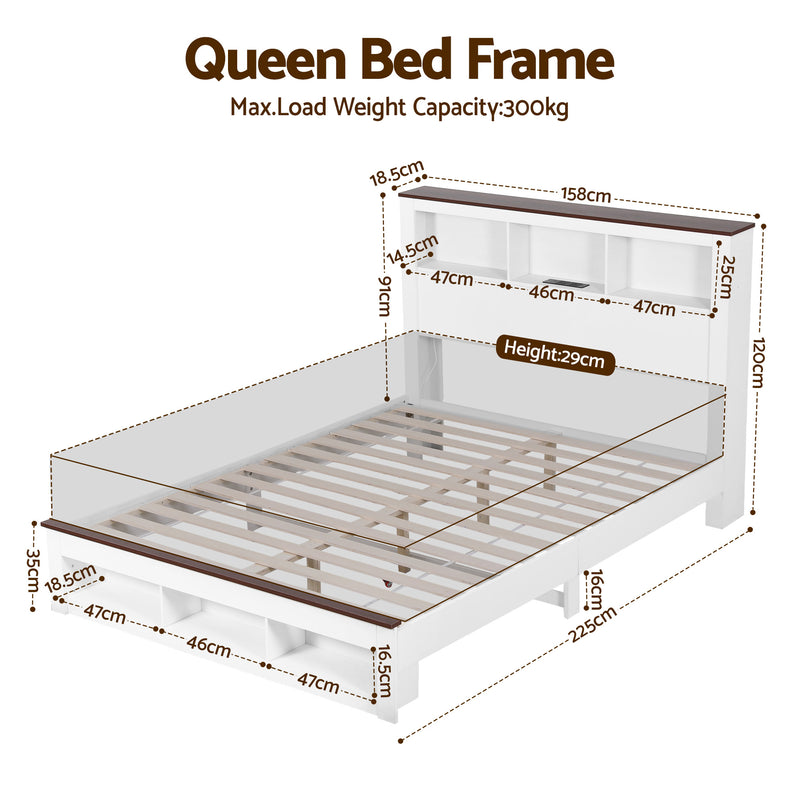 Artiss Queen Bed Frame w/ Storage Bookcase Headboard & LED – White