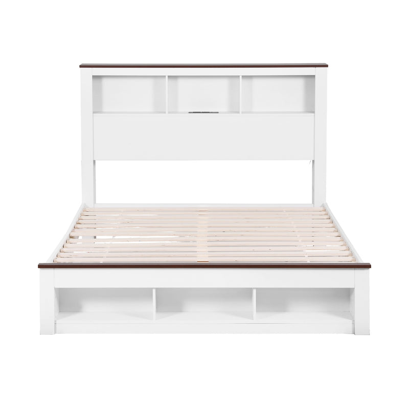 Artiss Queen Bed Frame w/ Storage Bookcase Headboard & LED – White